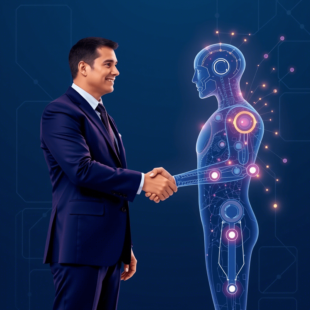 Рекрутер и искусственный интеллект в сотрудничестве. Иллюстрация к статье об автоматизации найма.